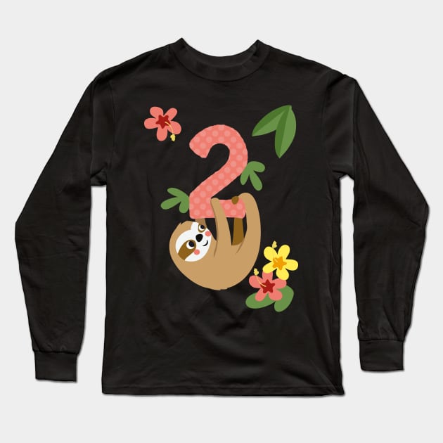 Turning 2 Cute Hanging Sloth Long Sleeve T-Shirt by katelein